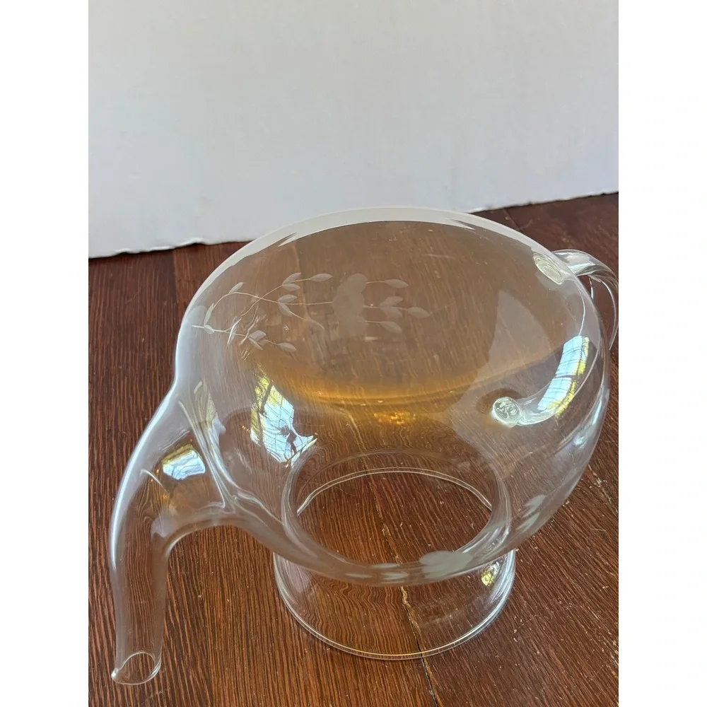 Princess House Heritage Etched Glass Teapot with Lid Floral Vine Pattern 6.5in
